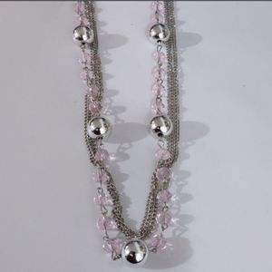 32" Paparazzi Womens Silver Chain Pink Beaded Necklace with Pink Beaded Earrings